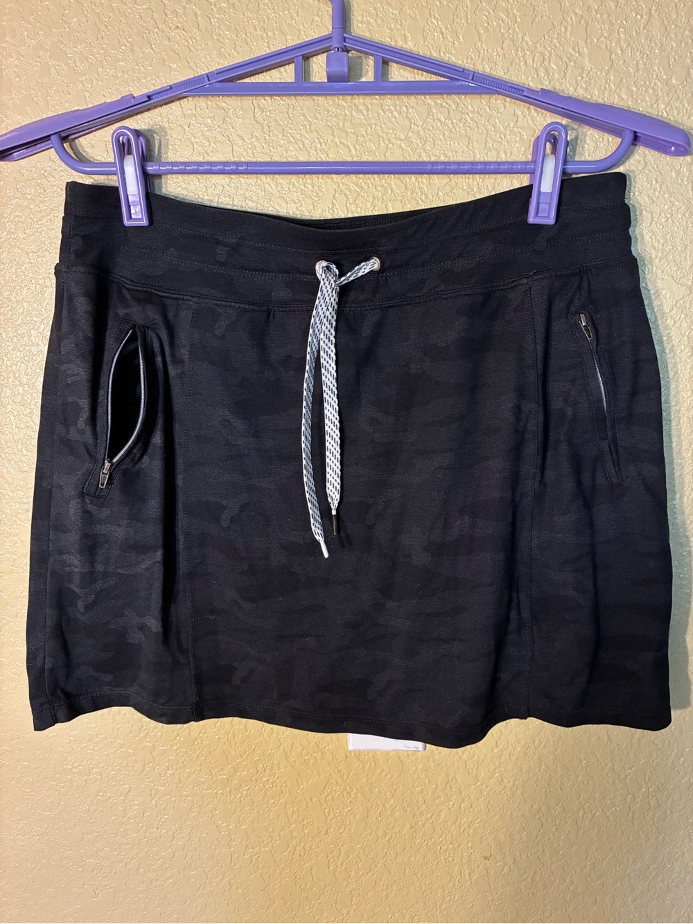 Black Camo Drawstring Skort with Zip Pockets